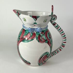 Kitty Cat Pitcher Vintage Hand Painted Italian Glazed Green Red 2105/2 Carafe